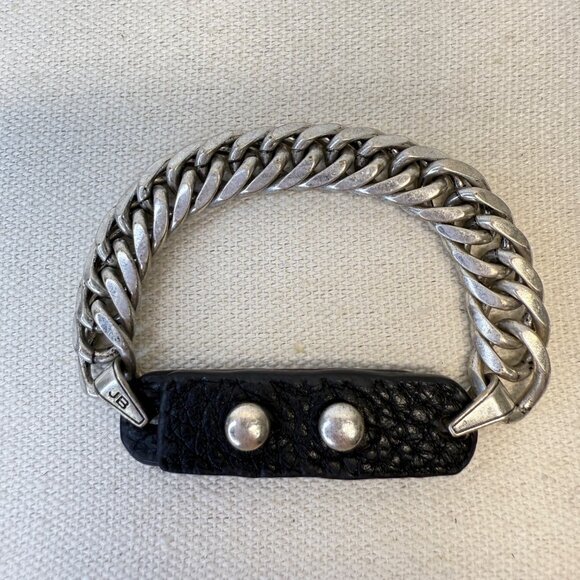 Chunky Chain & Leather Bracelet Signed JB Silver-Tone Black Biker Punk Grunge - Picture 2 of 7